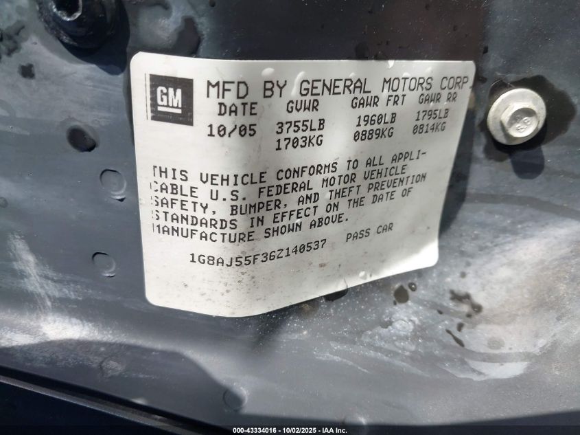 2006 Saturn Ion 2 VIN: 1G8AJ55F36Z140537 Lot: 43334016