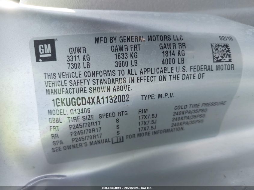 2010 GMC Savana 1500 Lt VIN: 1GKUGCD4XA1132002 Lot: 43334019