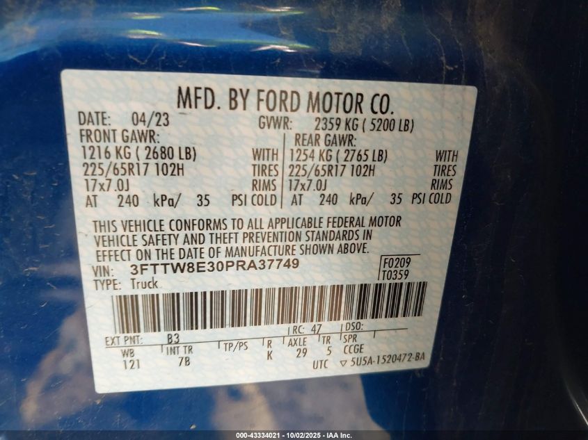 2023 Ford Maverick Xlt VIN: 3FTTW8E30PRA37749 Lot: 43334021