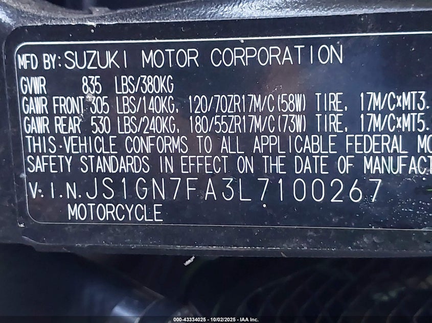 2020 Suzuki Gsx-R600 VIN: JS1GN7FA3L7100267 Lot: 43334025