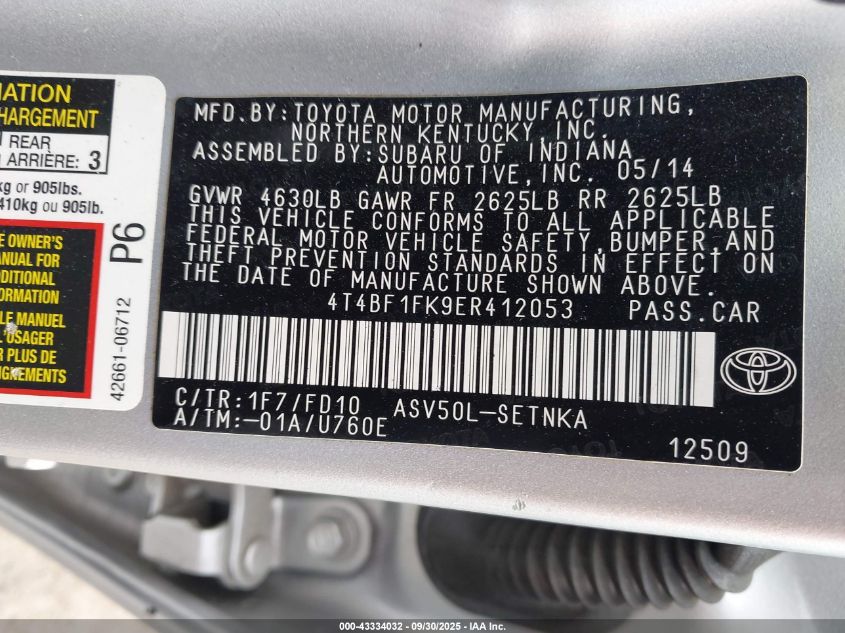 2014 Toyota Camry Le VIN: 4T4BF1FK9ER412053 Lot: 43334032