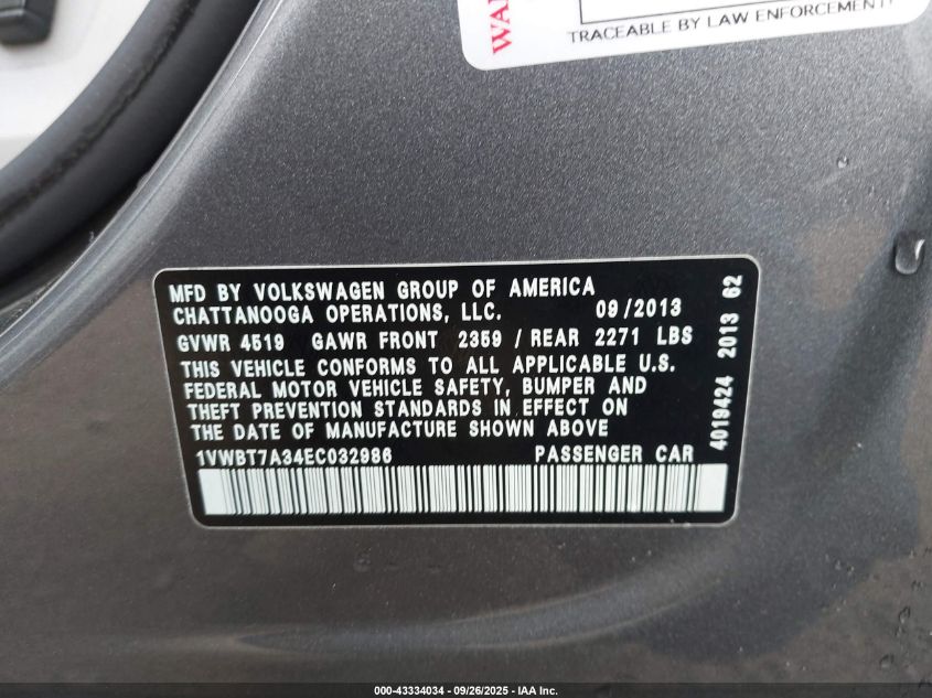 2014 Volkswagen Passat 1.8T Se VIN: 1VWBT7A34EC032986 Lot: 43334034