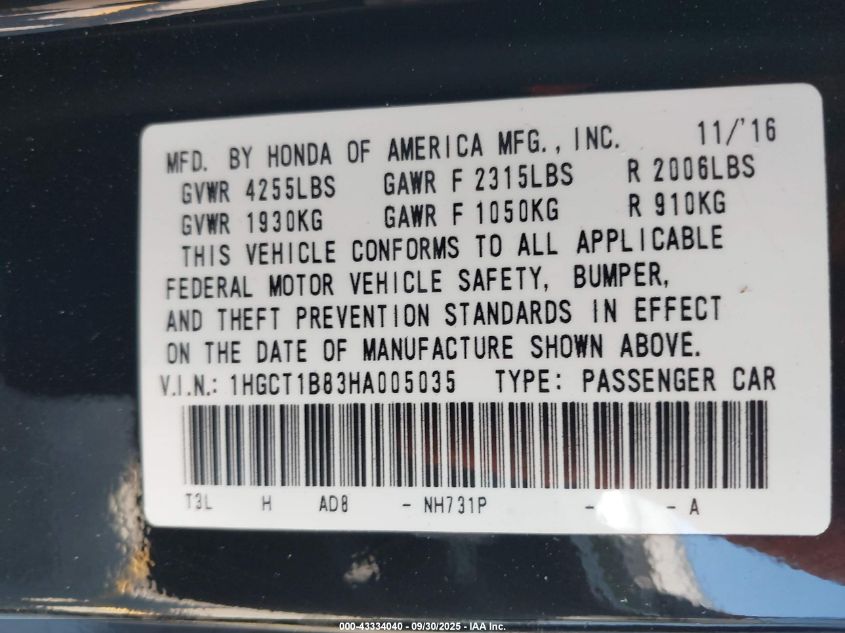 2017 Honda Accord Ex-L VIN: 1HGCT1B83HA005035 Lot: 43334040