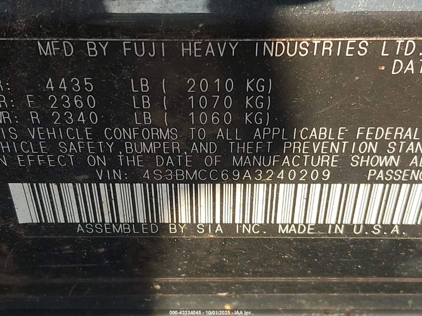 2010 Subaru Legacy 2.5I Premium VIN: 4S3BMCC69A3240209 Lot: 43334045