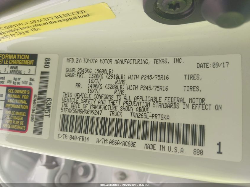 2017 Toyota Tacoma Sr VIN: 5TFAX5GN8HX099247 Lot: 43334049