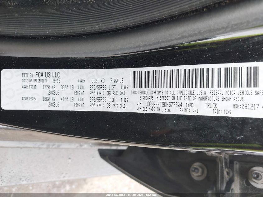 2019 Ram 1500 Big Horn/Lone Star 4X4 5'7 Box VIN: 1C6SRFFT9KN577304 Lot: 43334051