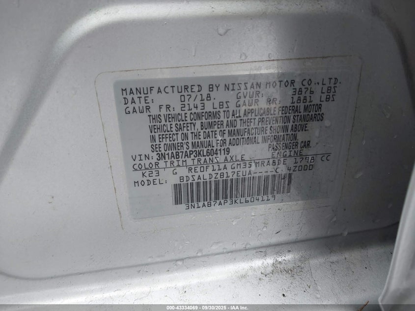 2019 Nissan Sentra Sv VIN: 3N1AB7AP3KL604119 Lot: 43334069