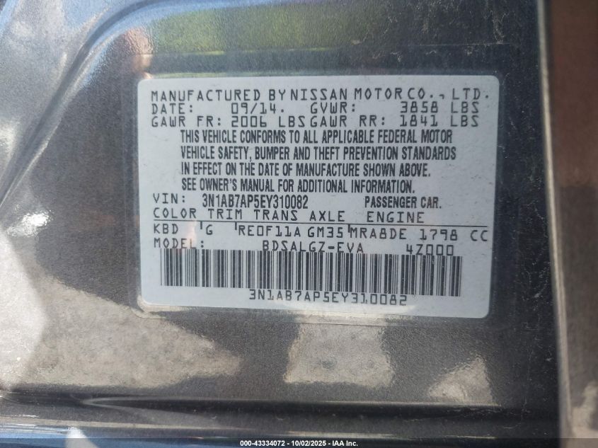 2014 Nissan Sentra Sl VIN: 3N1AB7AP5EY310082 Lot: 43334072