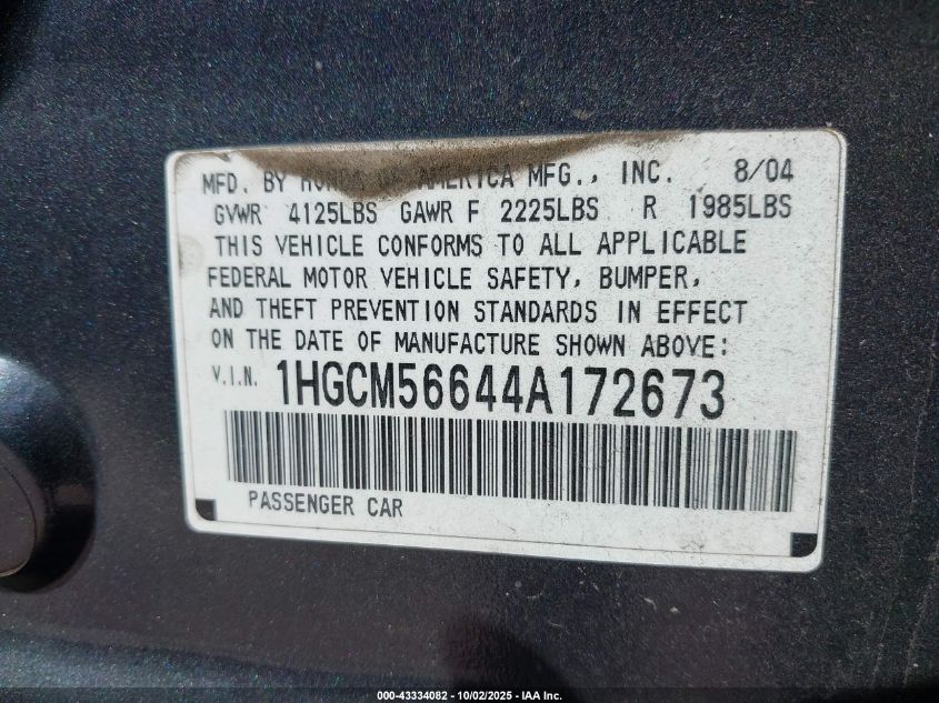 2004 Honda Accord 2.4 Ex VIN: 1HGCM56644A172673 Lot: 43334082