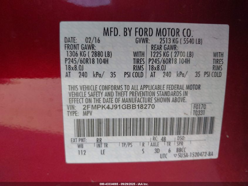 2016 Ford Edge Sel VIN: 2FMPK4J91GBB18270 Lot: 43334085