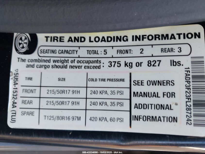 2015 Ford Focus Se VIN: 1FADP3F23FL287242 Lot: 43334086