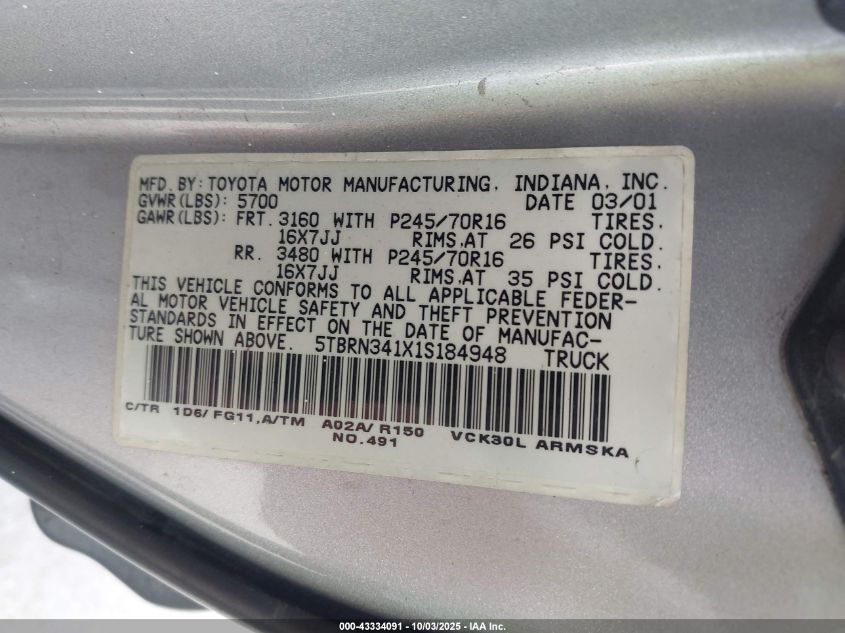 2001 Toyota Tundra Sr5 VIN: 5TBRN341X1S184948 Lot: 43334091