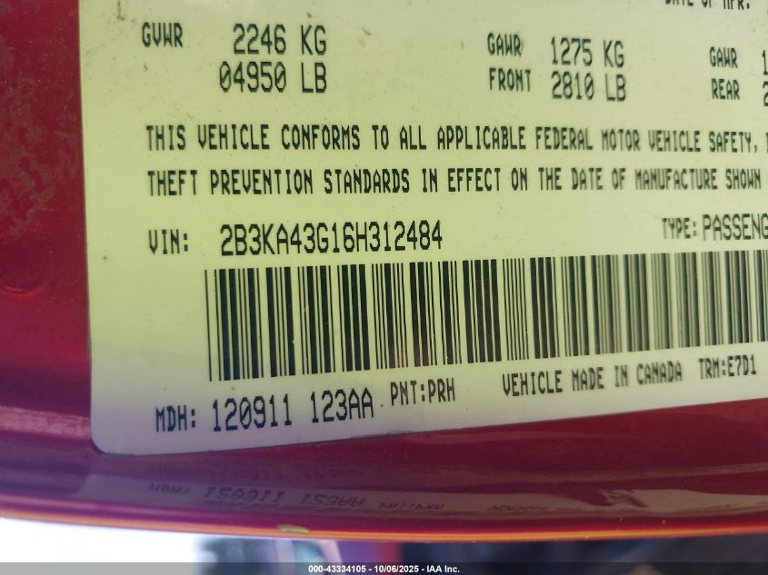2006 Dodge Charger VIN: 2B3KA43G16H312484 Lot: 43334105