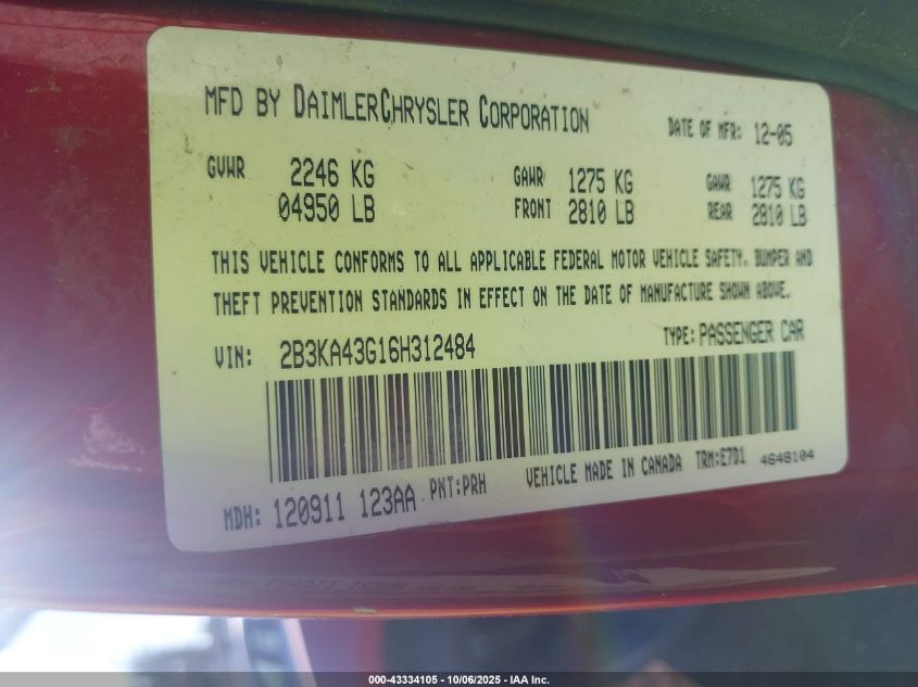 2006 Dodge Charger VIN: 2B3KA43G16H312484 Lot: 43334105