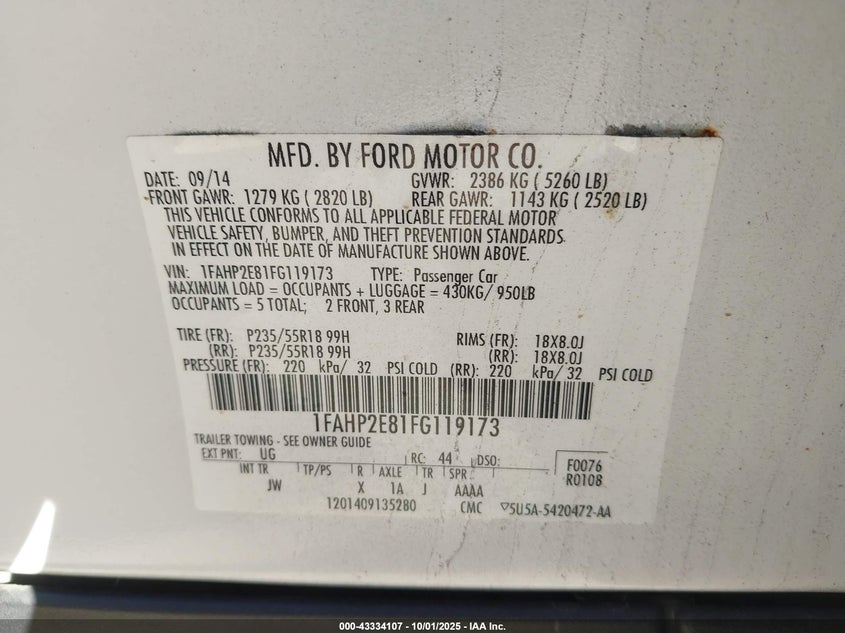 2015 FORD TAURUS SEL - 1FAHP2E81FG119173