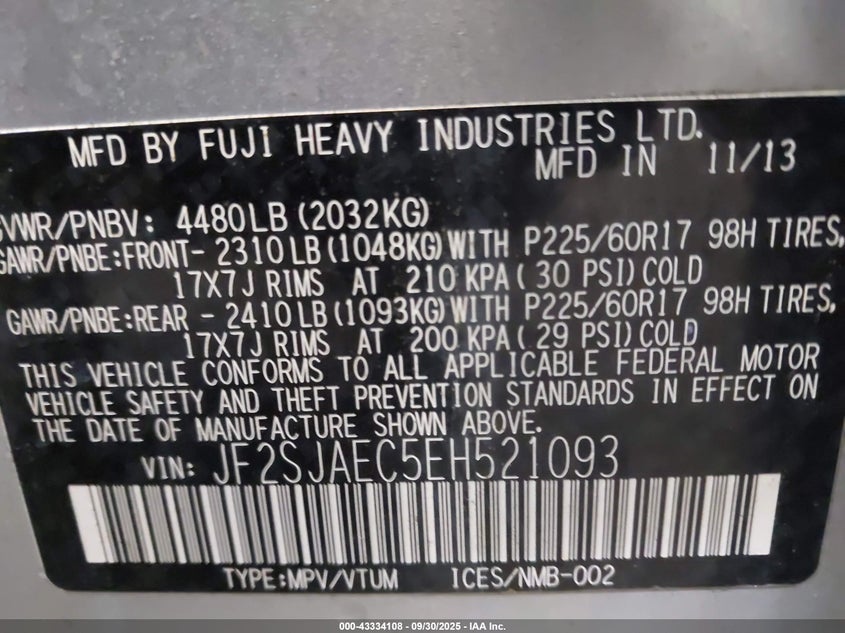 2014 SUBARU FORESTER 2.5I PREMIUM JF2SJAEC5EH521093