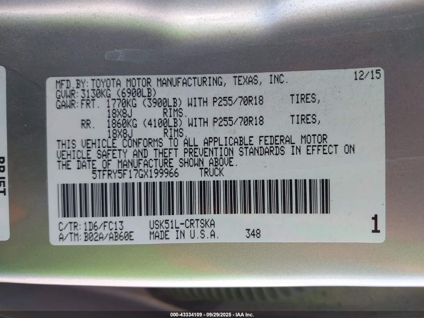 2016 Toyota Tundra Sr5 5.7L V8 VIN: 5TFRY5F17GX199966 Lot: 43334109