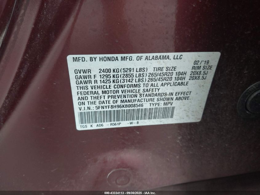 2019 Honda Passport Touring VIN: 5FNYF8H96KB008546 Lot: 43334113
