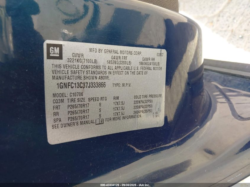 2007 Chevrolet Tahoe Ls VIN: 1GNFC13C37J333866 Lot: 43334126