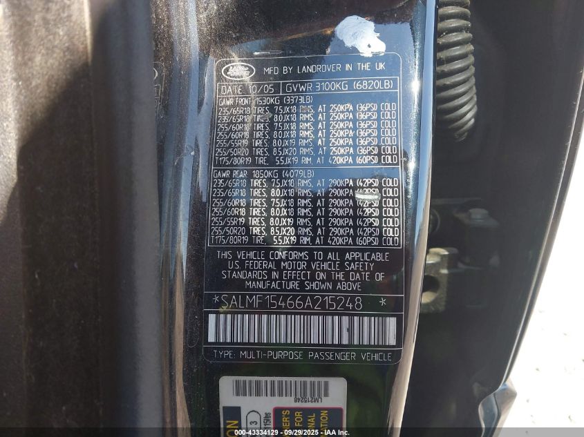 2006 Land Rover Range Rover Hse VIN: SALMF15466A215248 Lot: 43334129