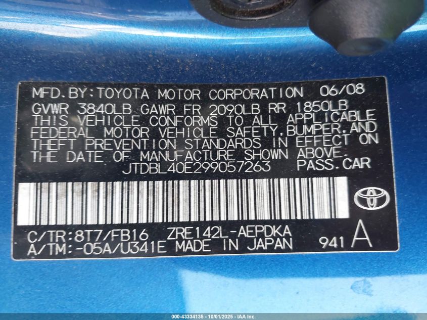 2009 Toyota Corolla Le VIN: JTDBL40E299057263 Lot: 43334135