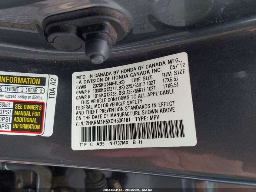 2012 Honda Cr-V Ex VIN: 2HKRM3H5XCH506181 Lot: 43334142