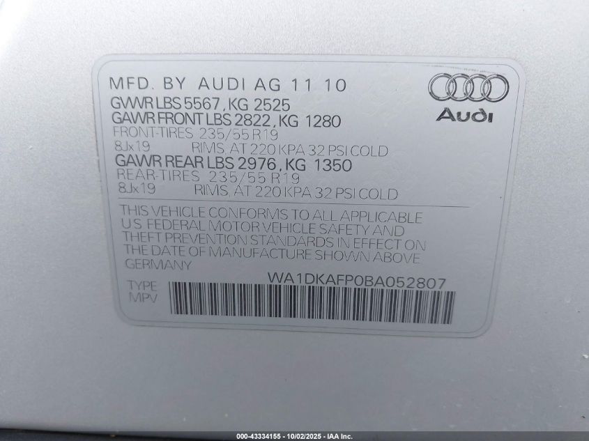 2011 Audi Q5 3.2 Premium Plus VIN: WA1DKAFP0BA052807 Lot: 43334155