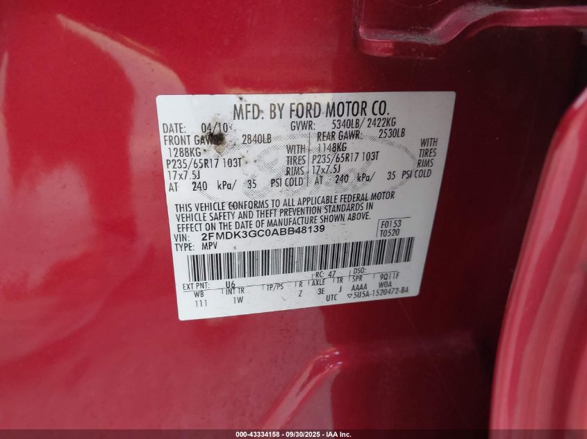 2010 Ford Edge Se VIN: 2FMDK3GC0ABB48139 Lot: 43334158