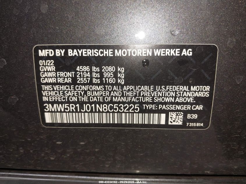 2022 BMW 330I VIN: 3MW5R1J01N8C53225 Lot: 43334162