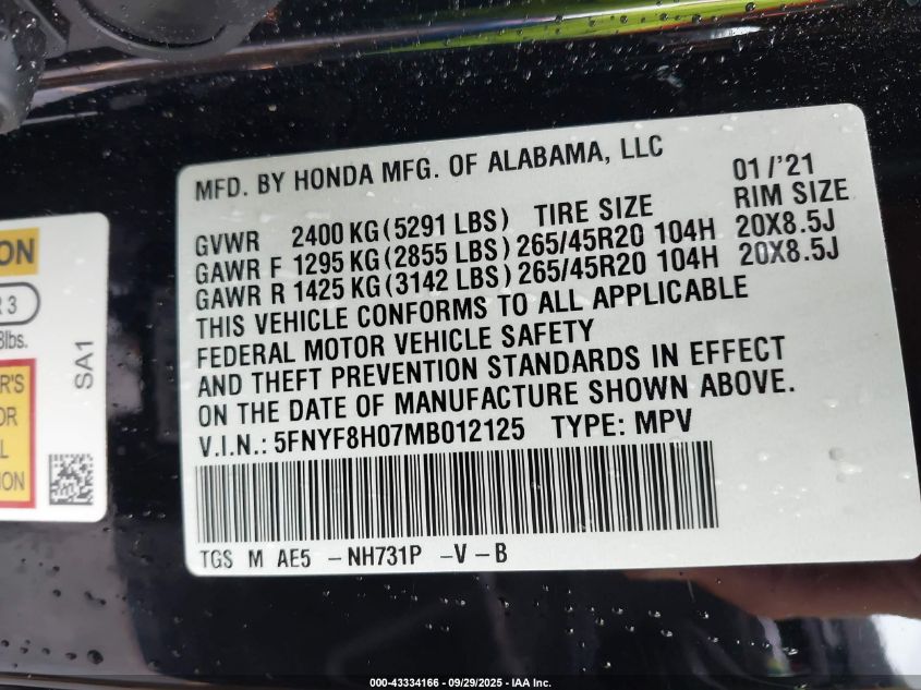 2021 Honda Passport Awd Elite VIN: 5FNYF8H07MB012125 Lot: 43334166