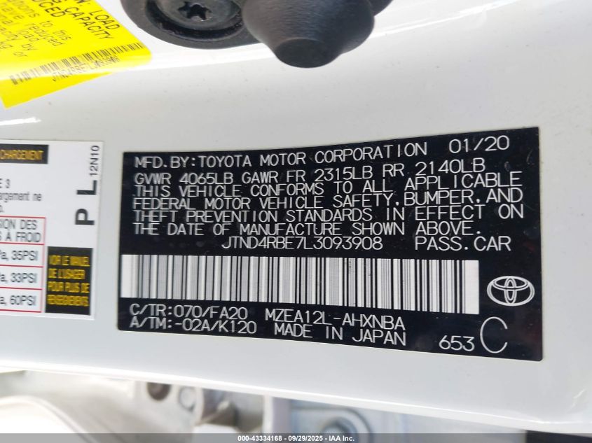 2020 Toyota Corolla Se VIN: JTND4RBE7L3093908 Lot: 43334168