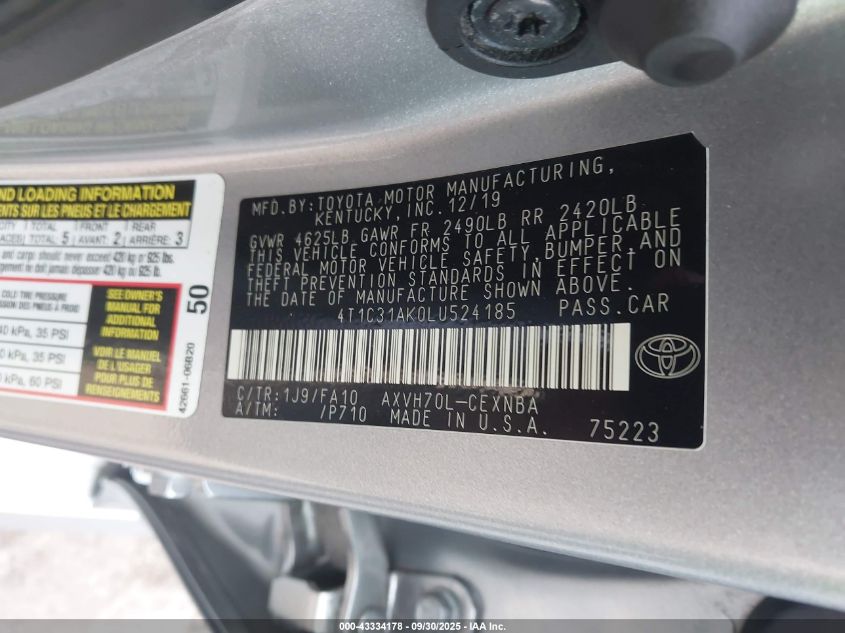 2020 Toyota Camry Le Hybrid VIN: 4T1C31AK0LU524185 Lot: 43334178