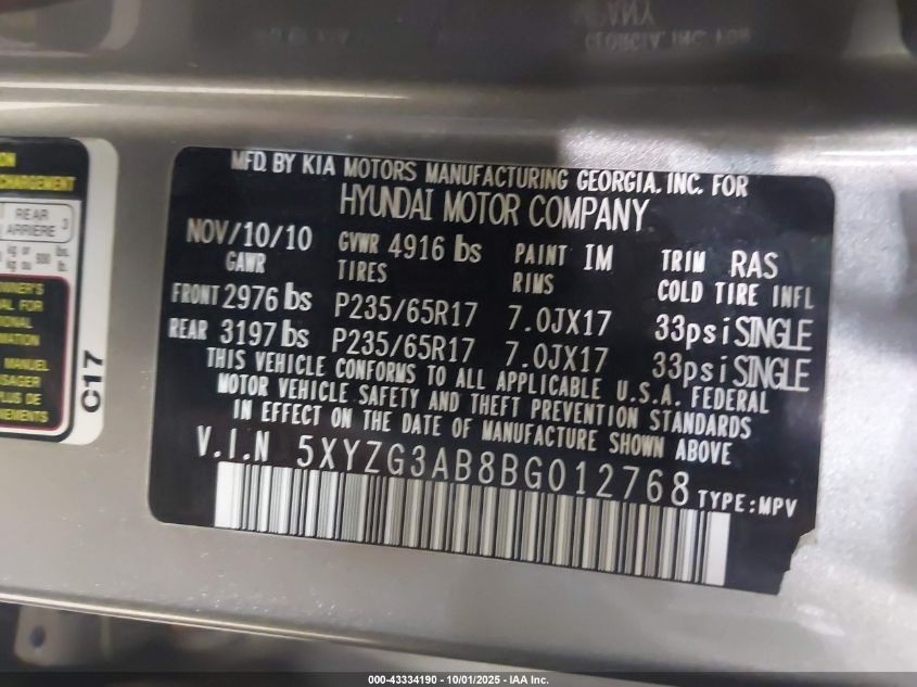 2011 Hyundai Santa Fe Gls VIN: 5XYZG3AB8BG012768 Lot: 43334190