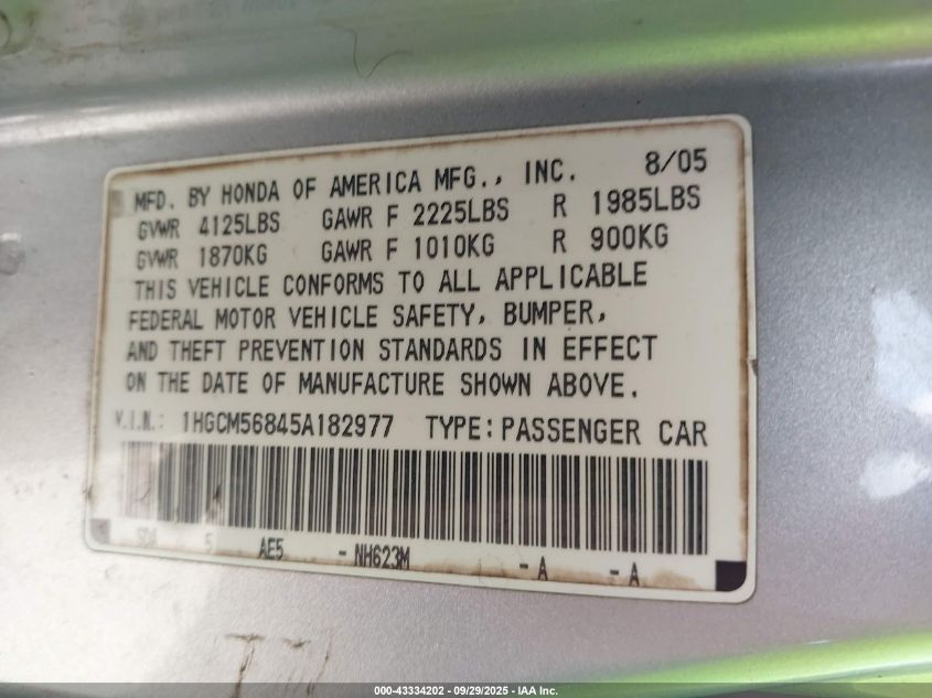 2005 Honda Accord 2.4 Ex VIN: 1HGCM56845A182977 Lot: 43334202
