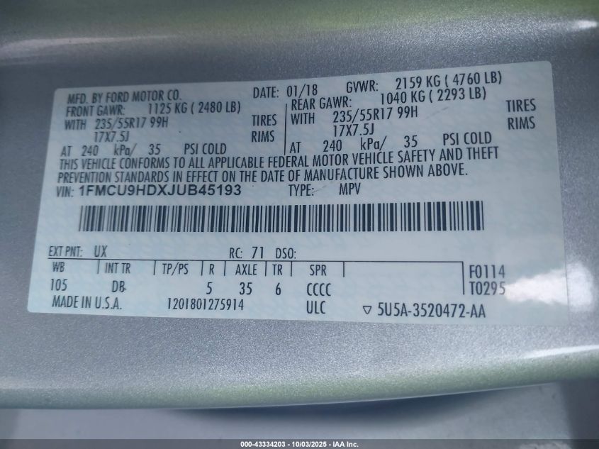 2018 Ford Escape Sel VIN: 1FMCU9HDXJUB45193 Lot: 43334203