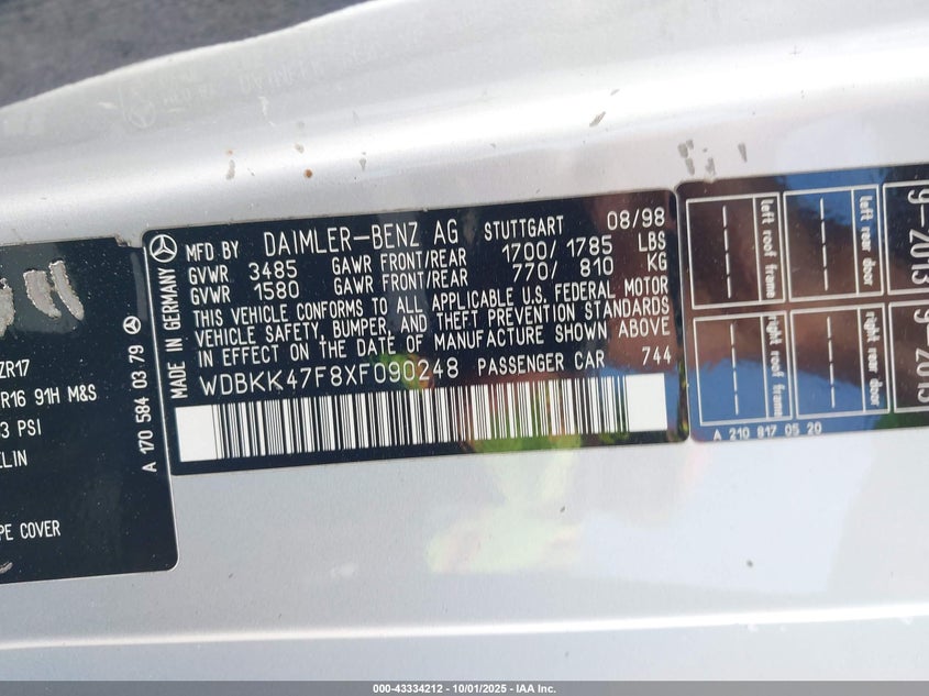 1999 Mercedes-Benz Slk 230 Kompressor VIN: WDBKK47F8XF090248 Lot: 43334212