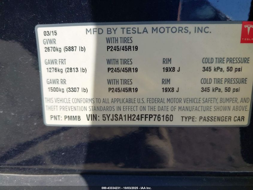2015 Tesla Model S 70D/85D/P85D VIN: 5YJSA1H24FFP76160 Lot: 43334231