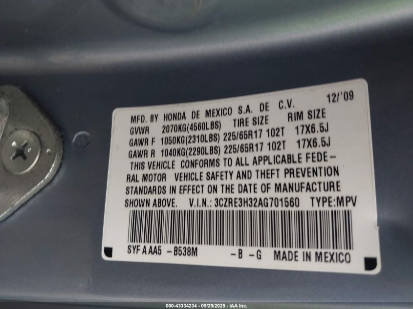 2010 Honda Cr-V Lx VIN: 3CZRE3H32AG701560 Lot: 43334234