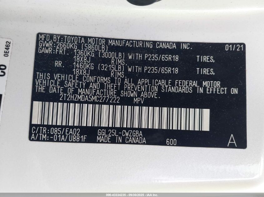 2021 Lexus Rx 350 VIN: 2T2HZMDA5MC277222 Lot: 43334235