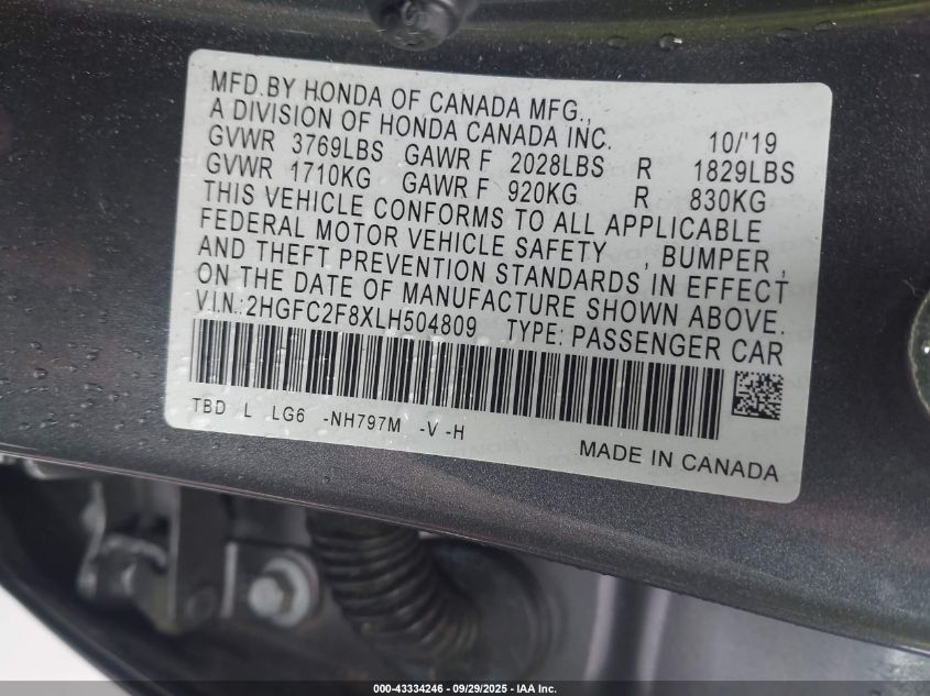2020 Honda Civic Sport VIN: 2HGFC2F8XLH504809 Lot: 43334246