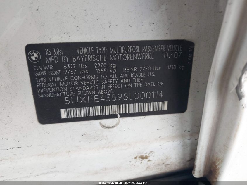 2008 BMW X5 3.0Si VIN: 5UXFE43598L000114 Lot: 43334290