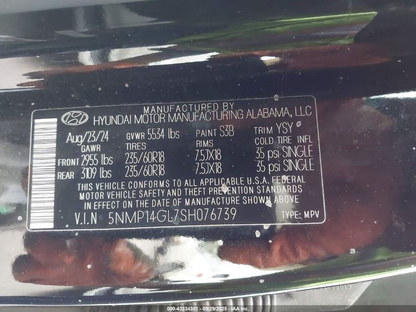2025 Hyundai Santa Fe Se VIN: 5NMP14GL7SH076739 Lot: 43334301