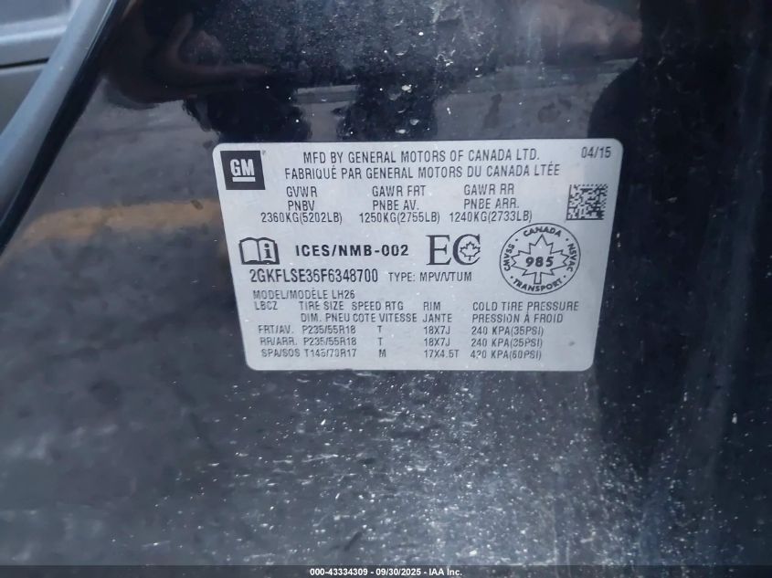 2015 GMC Terrain Slt-1 VIN: 2GKFLSE36F6348700 Lot: 43334309