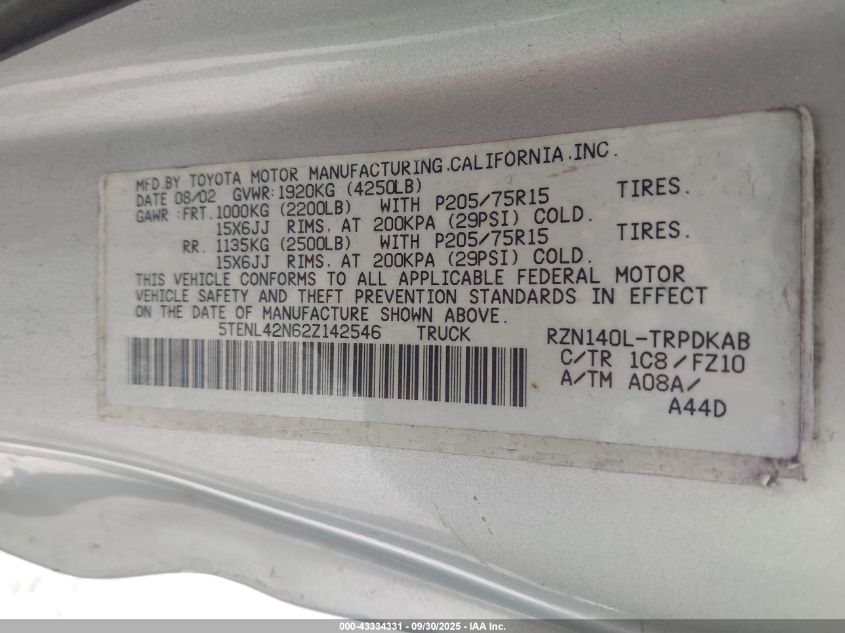 2002 Toyota Tacoma VIN: 5TENL42N62Z142546 Lot: 43334331
