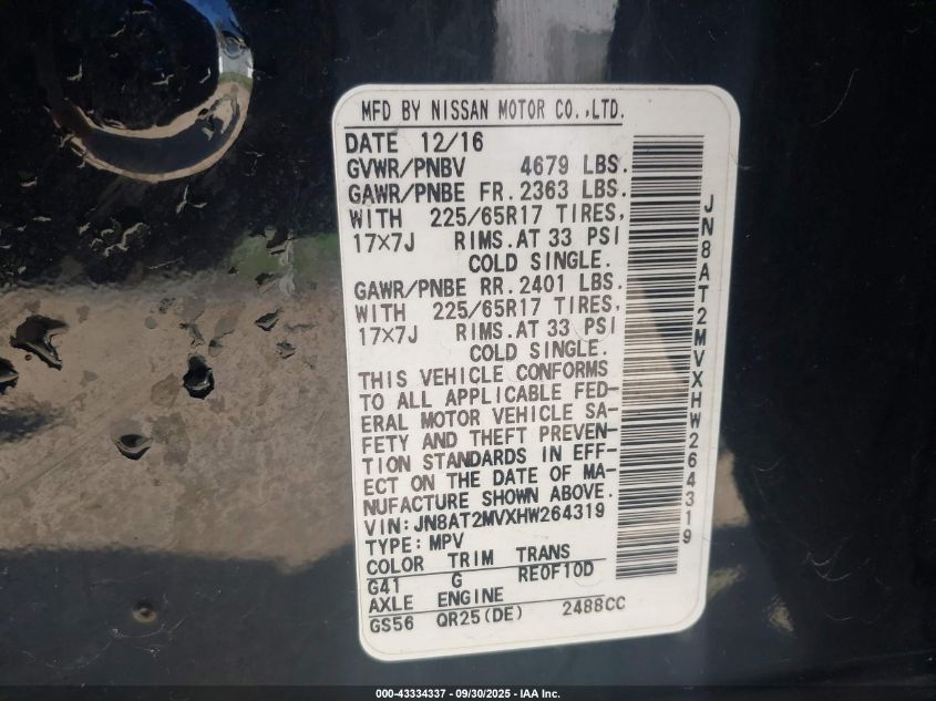 2017 Nissan Rogue S VIN: JN8AT2MVXHW264319 Lot: 43334337