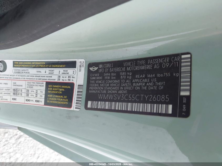 2012 Mini Cooper S VIN: WMWSV3C55CTY26085 Lot: 43334349