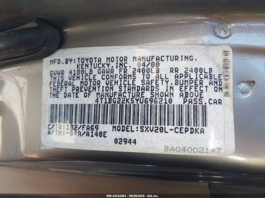 2000 Toyota Camry Ce VIN: 4T1BG22K5YU696210 Lot: 43334361