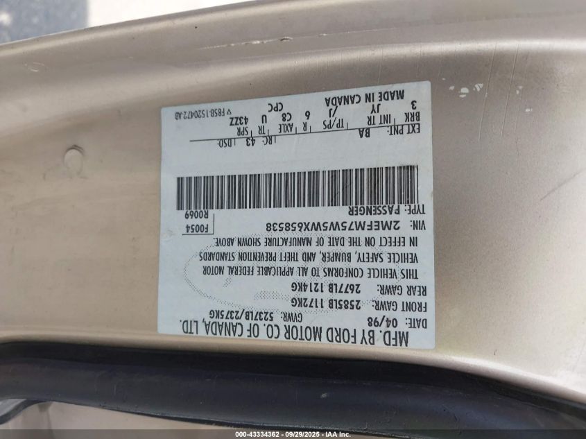 1998 Mercury Grand Marquis VIN: 2MEFM75W5WX658538 Lot: 43334362