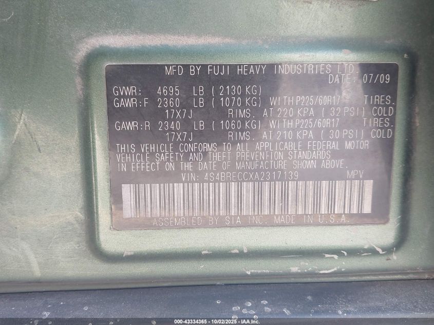 2010 Subaru Outback 3.6R Premium VIN: 4S4BRECCXA2317139 Lot: 43334365