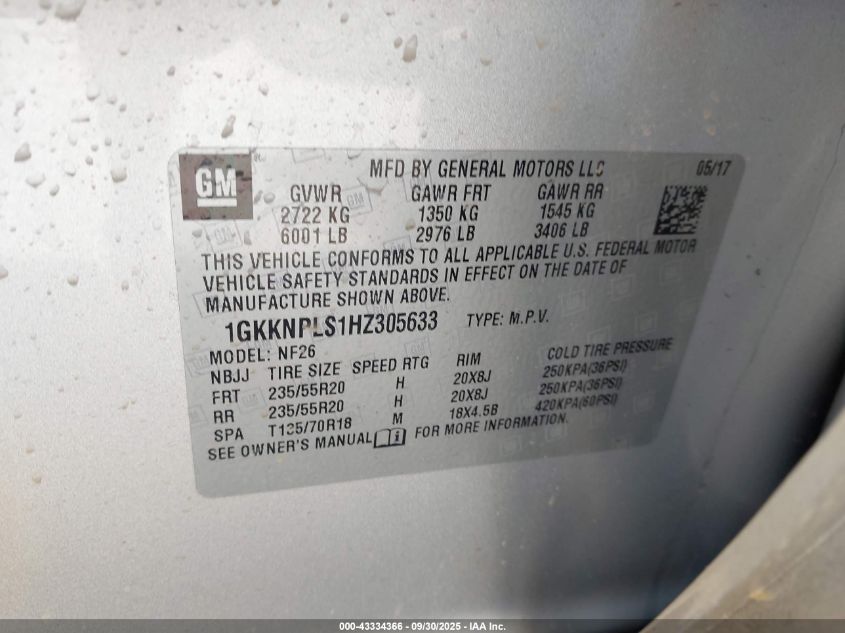 2017 GMC Acadia Denali VIN: 1GKKNPLS1HZ305633 Lot: 43334366